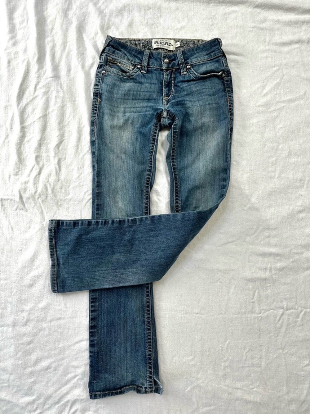 ariat real denim bootcut jeans y2k mid rise boot — medium wash spitfire 26L